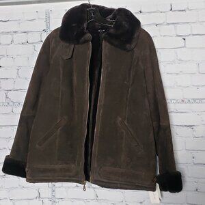 Enzo Angiolini Brown 100% Genuine Leather Coat faux fur lined size Large…